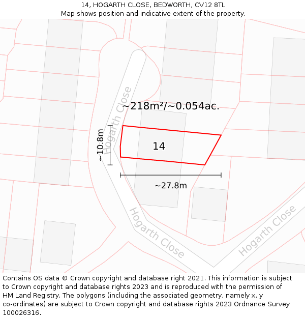 14, HOGARTH CLOSE, BEDWORTH, CV12 8TL: Plot and title map