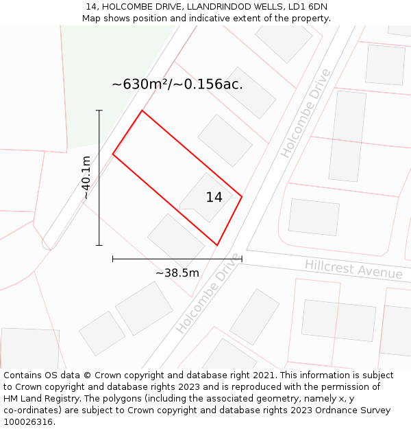 14, HOLCOMBE DRIVE, LLANDRINDOD WELLS, LD1 6DN: Plot and title map
