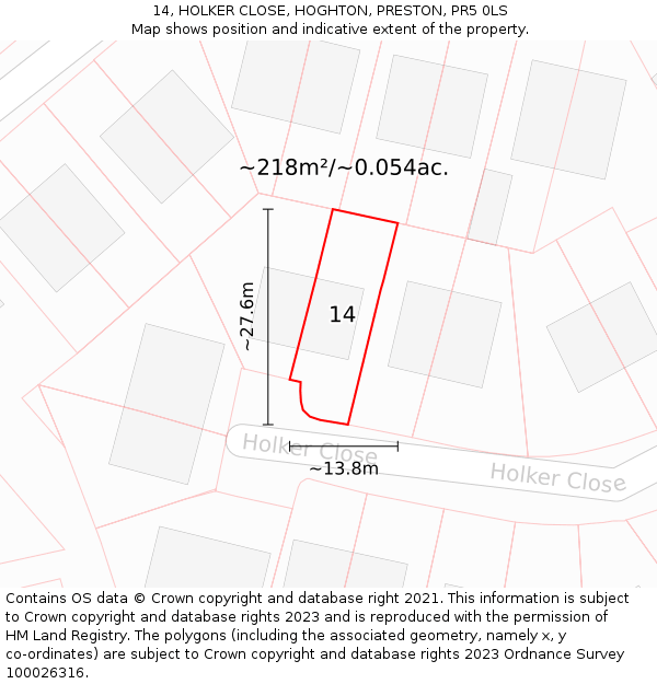 14, HOLKER CLOSE, HOGHTON, PRESTON, PR5 0LS: Plot and title map
