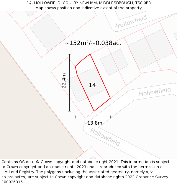 14, HOLLOWFIELD, COULBY NEWHAM, MIDDLESBROUGH, TS8 0RR: Plot and title map