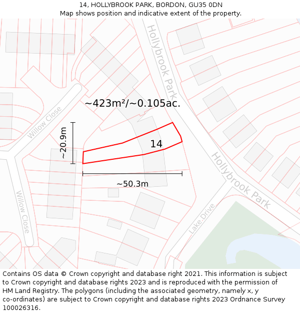 14, HOLLYBROOK PARK, BORDON, GU35 0DN: Plot and title map