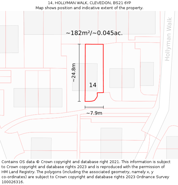 14, HOLLYMAN WALK, CLEVEDON, BS21 6YP: Plot and title map