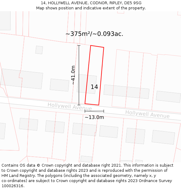 14, HOLLYWELL AVENUE, CODNOR, RIPLEY, DE5 9SG: Plot and title map