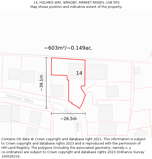 14, HOLMES WAY, WRAGBY, MARKET RASEN, LN8 5PS: Plot and title map