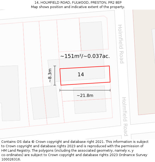 14, HOLMFIELD ROAD, FULWOOD, PRESTON, PR2 8EP: Plot and title map