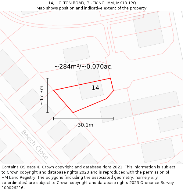 14, HOLTON ROAD, BUCKINGHAM, MK18 1PQ: Plot and title map