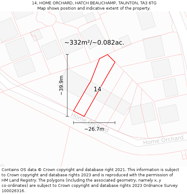 14, HOME ORCHARD, HATCH BEAUCHAMP, TAUNTON, TA3 6TG: Plot and title map