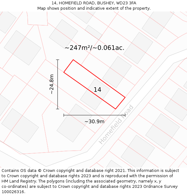 14, HOMEFIELD ROAD, BUSHEY, WD23 3FA: Plot and title map