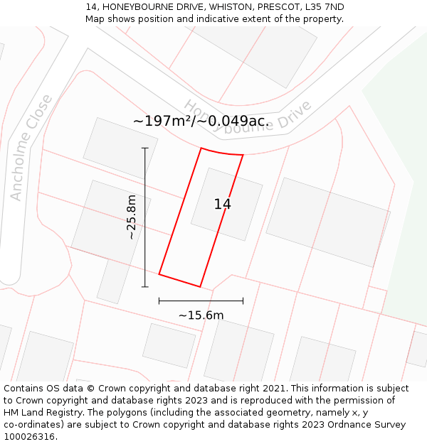 14, HONEYBOURNE DRIVE, WHISTON, PRESCOT, L35 7ND: Plot and title map