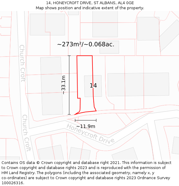 14, HONEYCROFT DRIVE, ST ALBANS, AL4 0GE: Plot and title map
