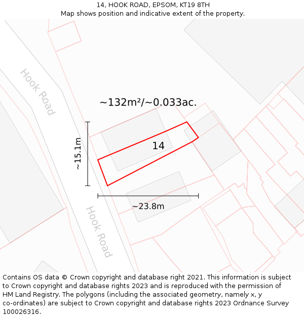14, HOOK ROAD, EPSOM, KT19 8TH: Plot and title map