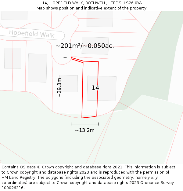 14, HOPEFIELD WALK, ROTHWELL, LEEDS, LS26 0YA: Plot and title map
