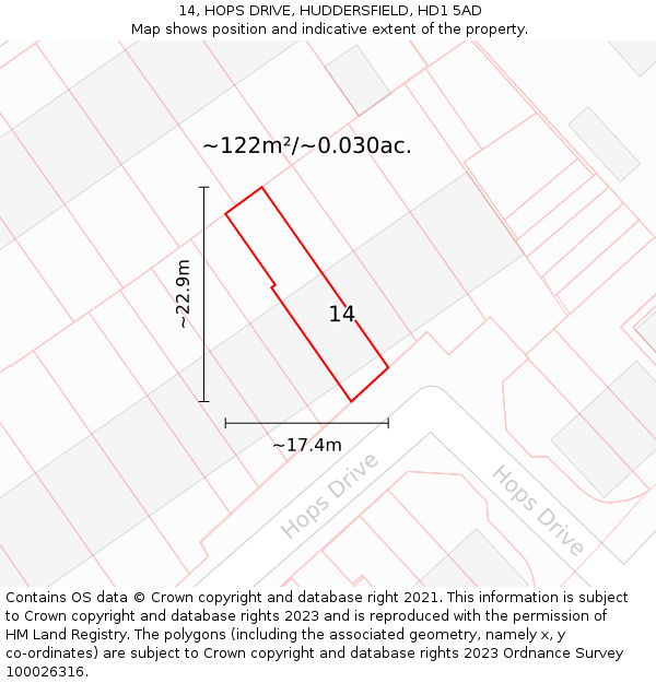 14, HOPS DRIVE, HUDDERSFIELD, HD1 5AD: Plot and title map