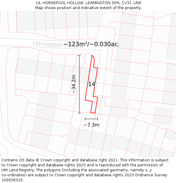 14, HORSEPOOL HOLLOW, LEAMINGTON SPA, CV31 1AW: Plot and title map