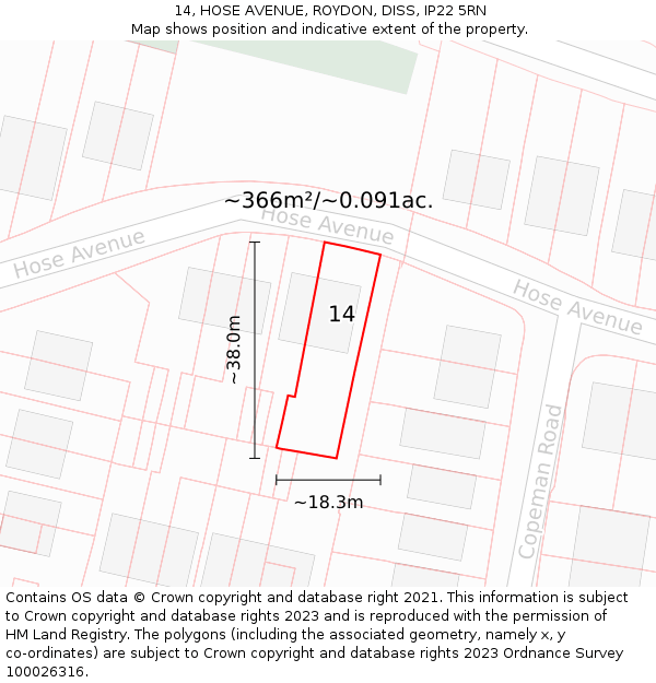 14, HOSE AVENUE, ROYDON, DISS, IP22 5RN: Plot and title map