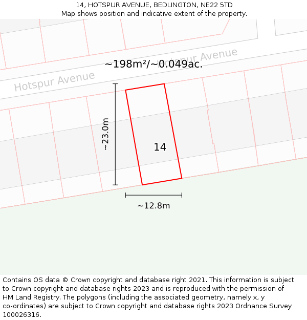 14, HOTSPUR AVENUE, BEDLINGTON, NE22 5TD: Plot and title map