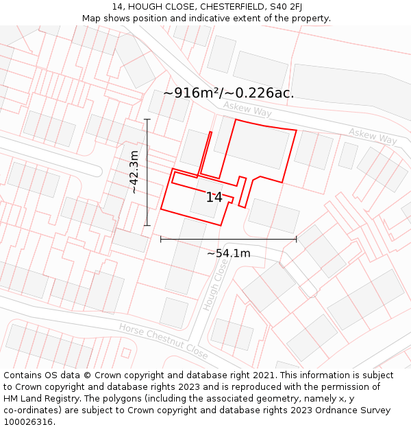 14, HOUGH CLOSE, CHESTERFIELD, S40 2FJ: Plot and title map