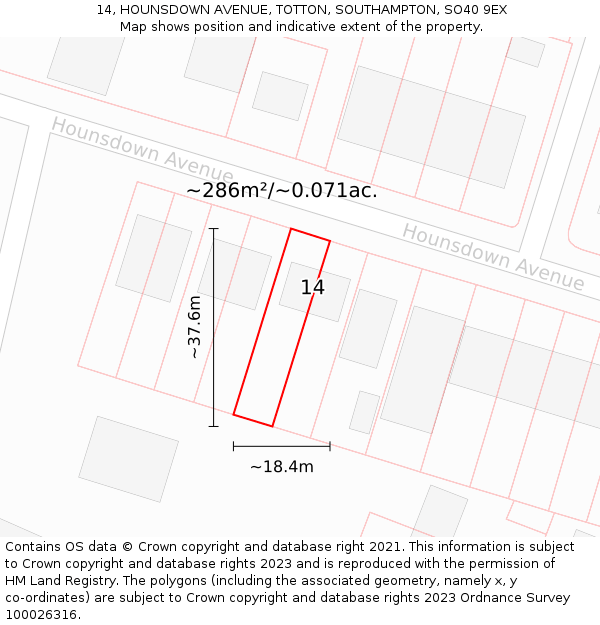 14, HOUNSDOWN AVENUE, TOTTON, SOUTHAMPTON, SO40 9EX: Plot and title map