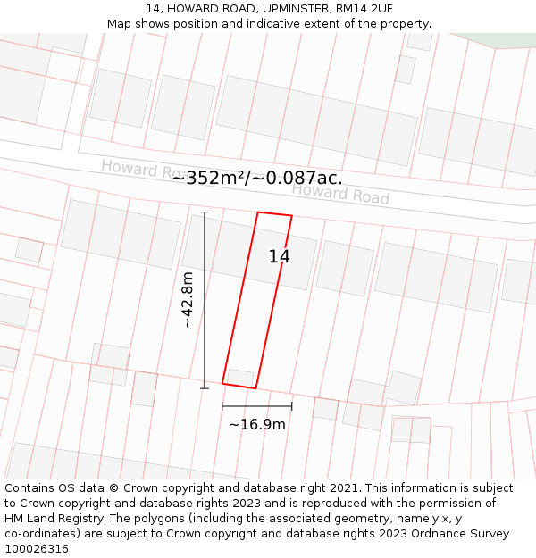 14, HOWARD ROAD, UPMINSTER, RM14 2UF: Plot and title map