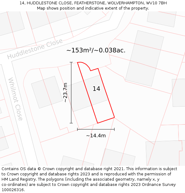 14, HUDDLESTONE CLOSE, FEATHERSTONE, WOLVERHAMPTON, WV10 7BH: Plot and title map