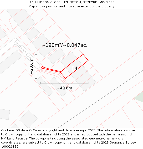 14, HUDSON CLOSE, LIDLINGTON, BEDFORD, MK43 0RE: Plot and title map
