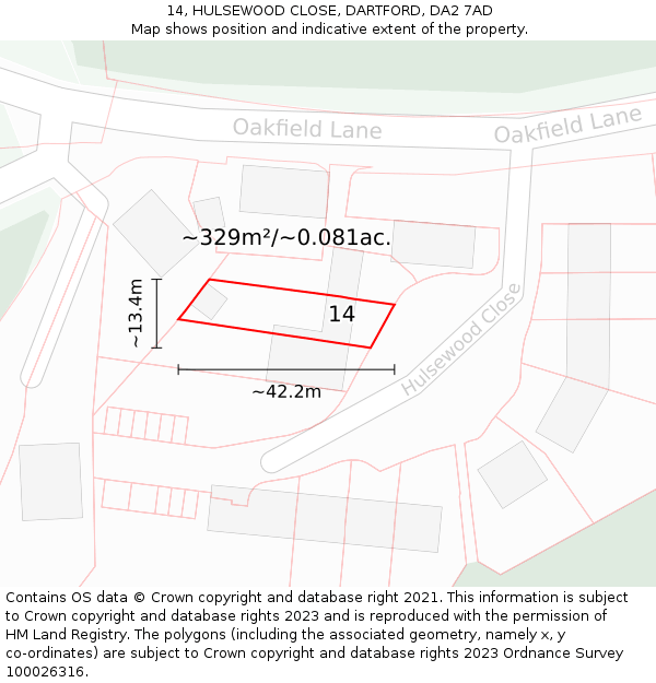 14, HULSEWOOD CLOSE, DARTFORD, DA2 7AD: Plot and title map