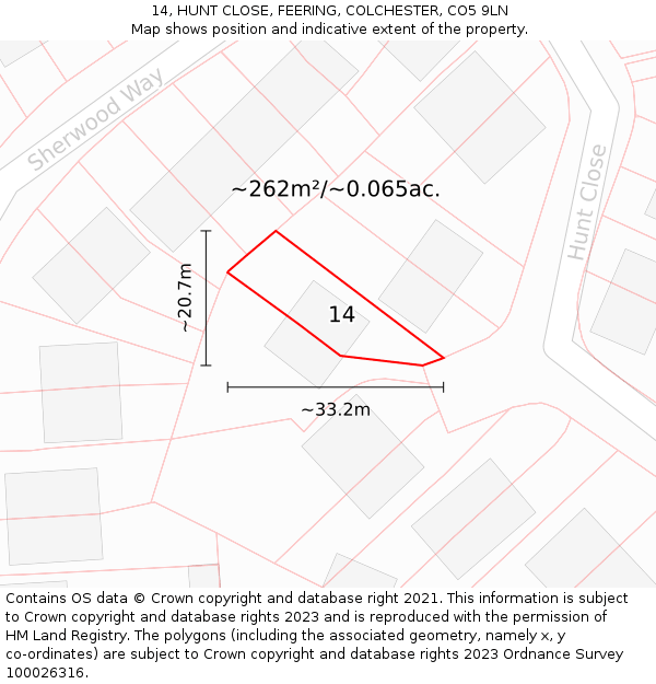 14, HUNT CLOSE, FEERING, COLCHESTER, CO5 9LN: Plot and title map