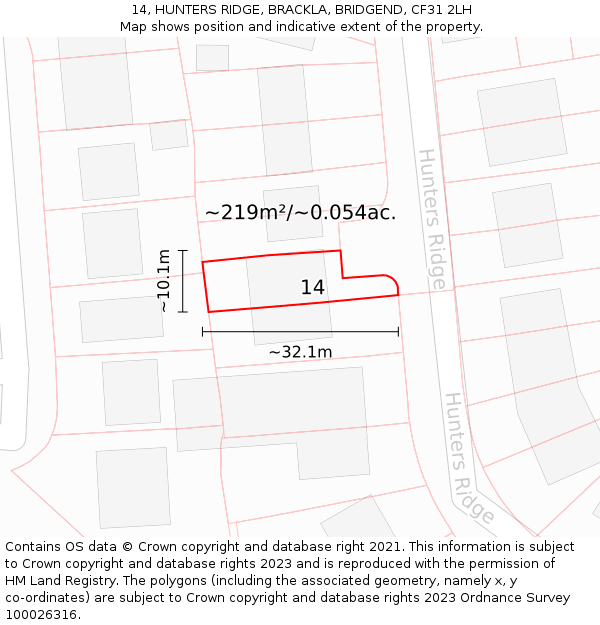14, HUNTERS RIDGE, BRACKLA, BRIDGEND, CF31 2LH: Plot and title map