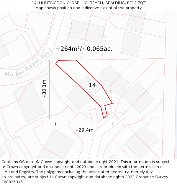 14, HUNTINGDON CLOSE, HOLBEACH, SPALDING, PE12 7QZ: Plot and title map