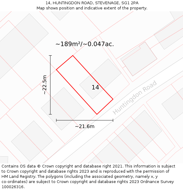14, HUNTINGDON ROAD, STEVENAGE, SG1 2PA: Plot and title map