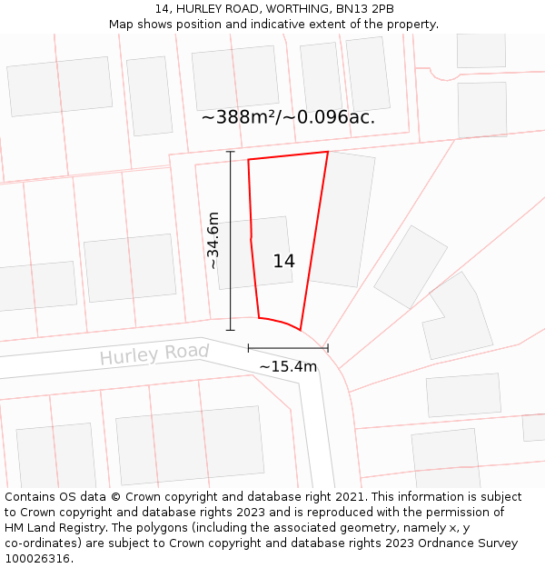 14, HURLEY ROAD, WORTHING, BN13 2PB: Plot and title map
