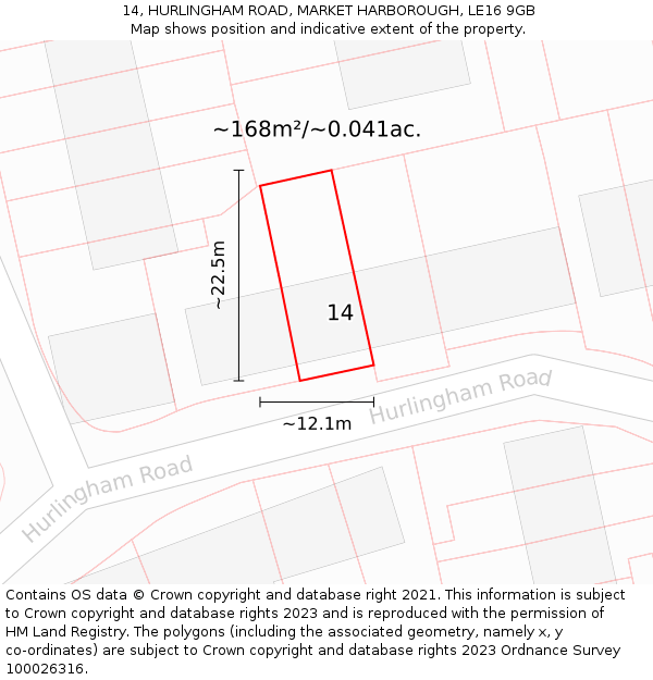 14, HURLINGHAM ROAD, MARKET HARBOROUGH, LE16 9GB: Plot and title map