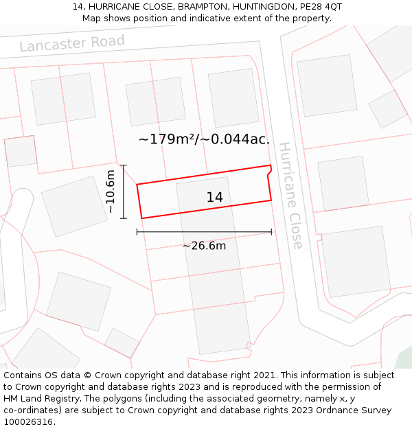 14, HURRICANE CLOSE, BRAMPTON, HUNTINGDON, PE28 4QT: Plot and title map