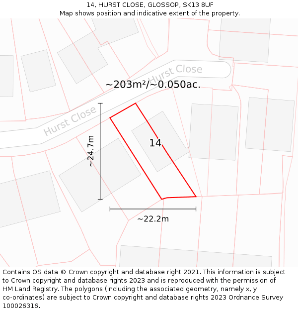 14, HURST CLOSE, GLOSSOP, SK13 8UF: Plot and title map
