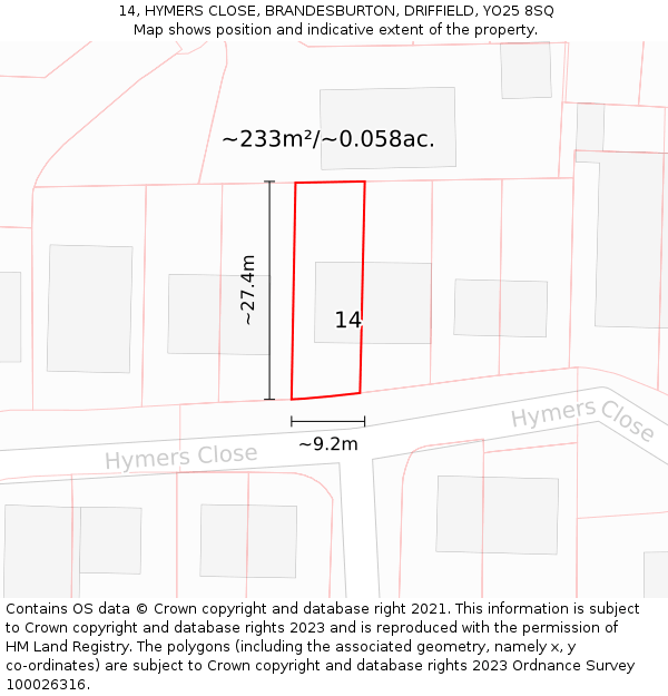 14, HYMERS CLOSE, BRANDESBURTON, DRIFFIELD, YO25 8SQ: Plot and title map
