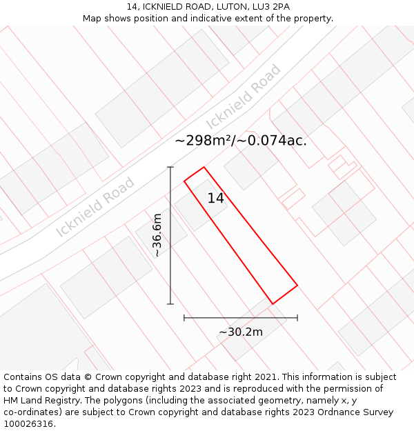 14, ICKNIELD ROAD, LUTON, LU3 2PA: Plot and title map