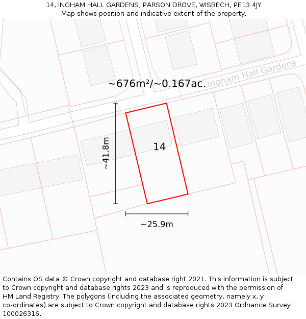 14, INGHAM HALL GARDENS, PARSON DROVE, WISBECH, PE13 4JY: Plot and title map