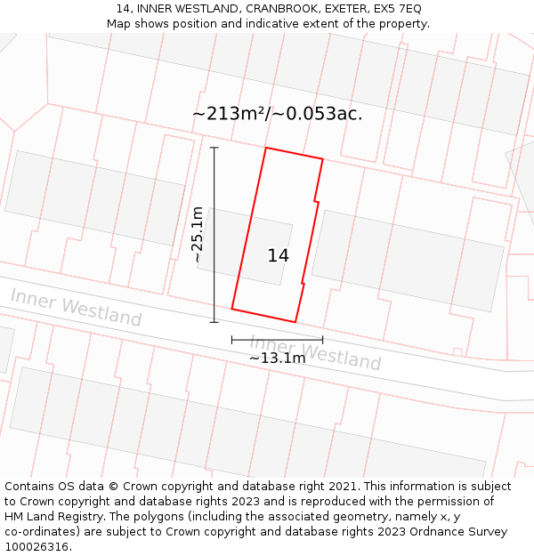14, INNER WESTLAND, CRANBROOK, EXETER, EX5 7EQ: Plot and title map