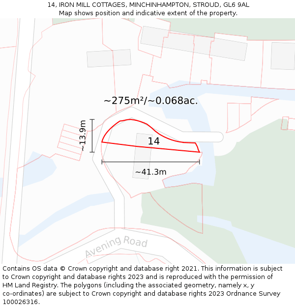 14, IRON MILL COTTAGES, MINCHINHAMPTON, STROUD, GL6 9AL: Plot and title map