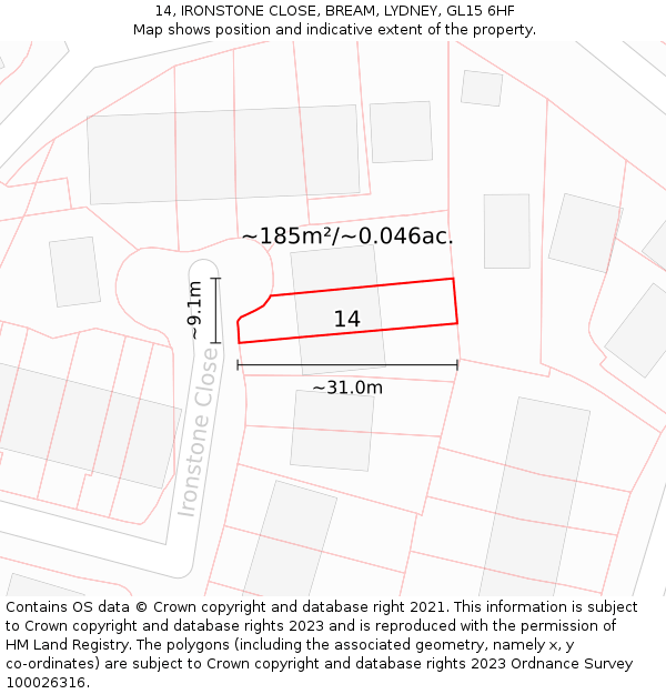 14, IRONSTONE CLOSE, BREAM, LYDNEY, GL15 6HF: Plot and title map