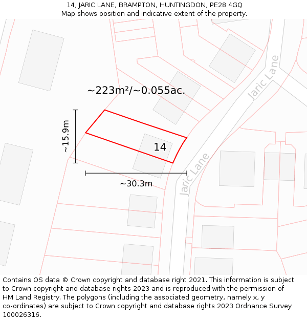 14, JARIC LANE, BRAMPTON, HUNTINGDON, PE28 4GQ: Plot and title map