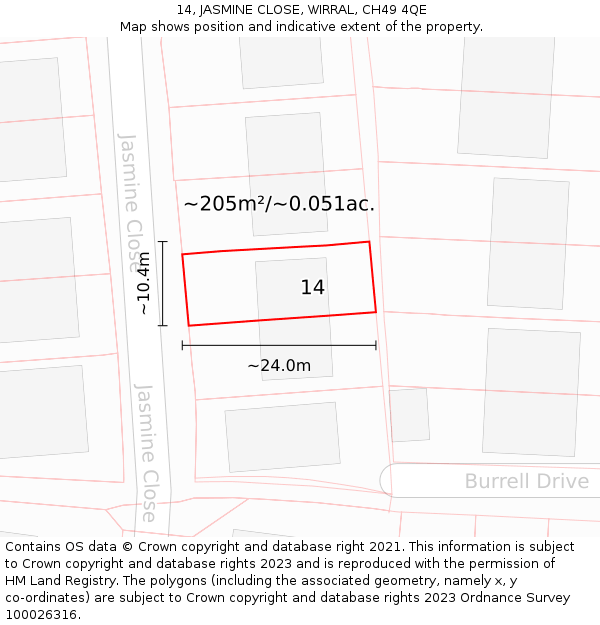 14, JASMINE CLOSE, WIRRAL, CH49 4QE: Plot and title map