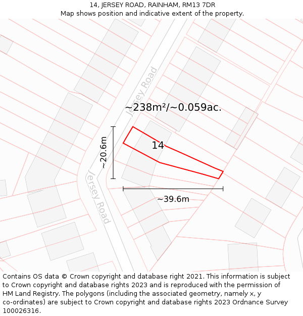 14, JERSEY ROAD, RAINHAM, RM13 7DR: Plot and title map