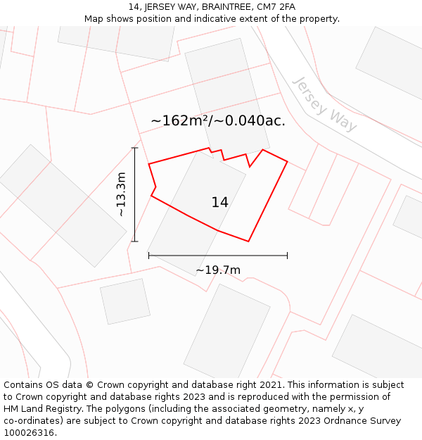 14, JERSEY WAY, BRAINTREE, CM7 2FA: Plot and title map