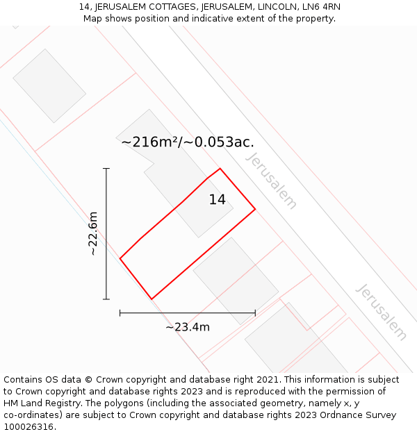 14, JERUSALEM COTTAGES, JERUSALEM, LINCOLN, LN6 4RN: Plot and title map