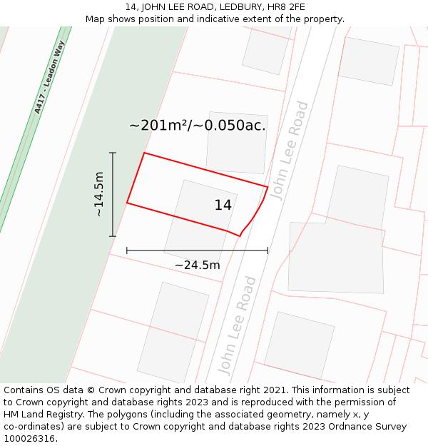 14, JOHN LEE ROAD, LEDBURY, HR8 2FE: Plot and title map