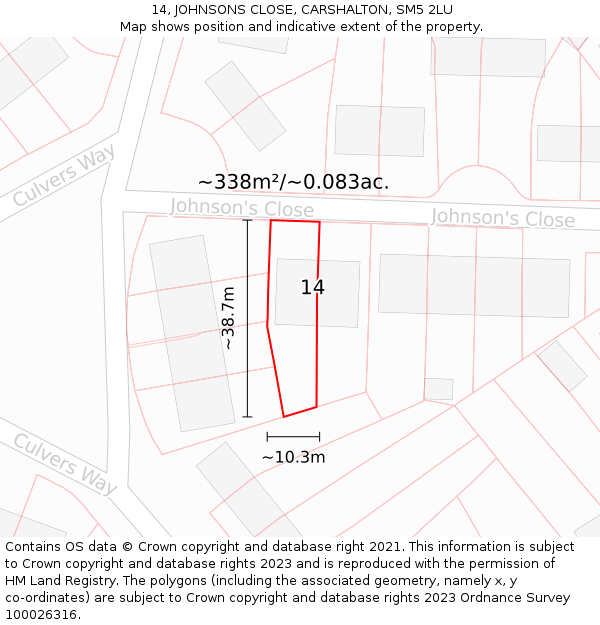 14, JOHNSONS CLOSE, CARSHALTON, SM5 2LU: Plot and title map