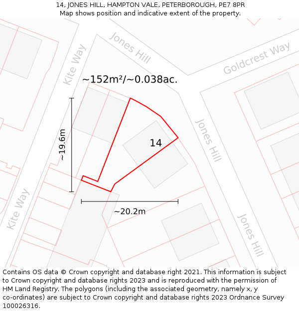14, JONES HILL, HAMPTON VALE, PETERBOROUGH, PE7 8PR: Plot and title map