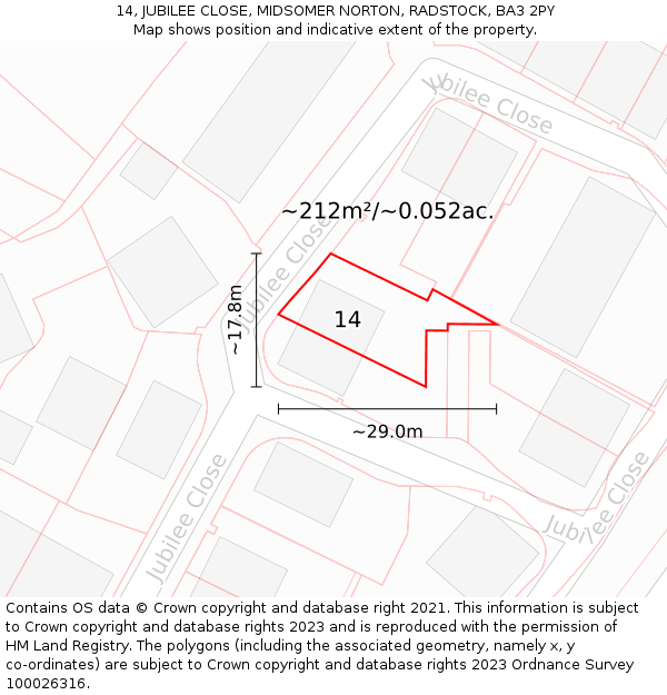 14, JUBILEE CLOSE, MIDSOMER NORTON, RADSTOCK, BA3 2PY: Plot and title map