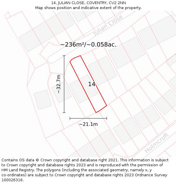 14, JULIAN CLOSE, COVENTRY, CV2 2NN: Plot and title map